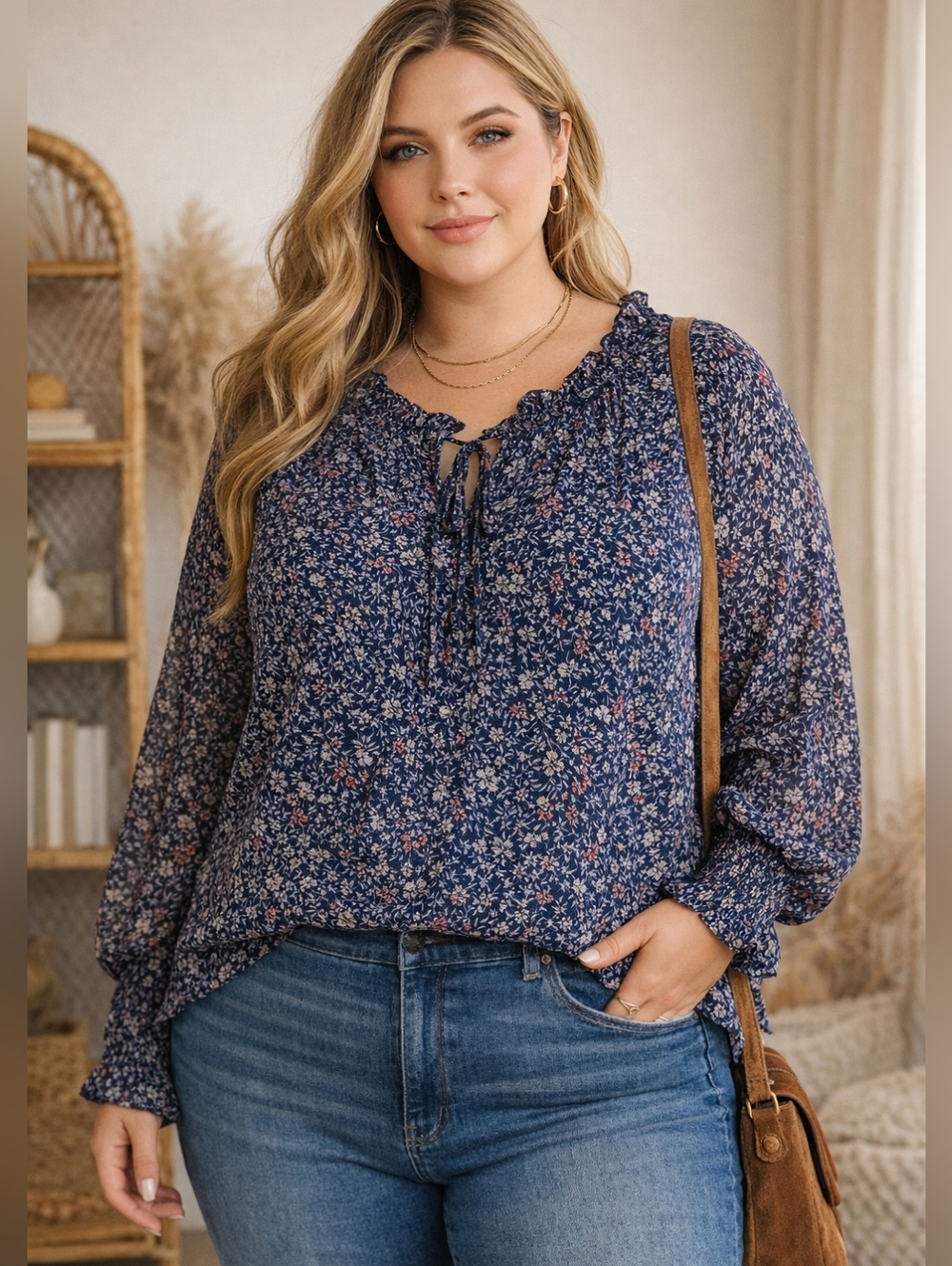 Jodifl 1XL Navy Floral Boho Blouse | Ruffle Neck Tie Top | Pleated Long Sleeve